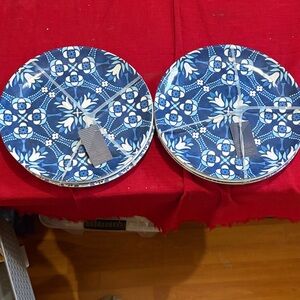 NWT Set of 8 BLUE AND WHITE MELAMINE DINNER PLATES